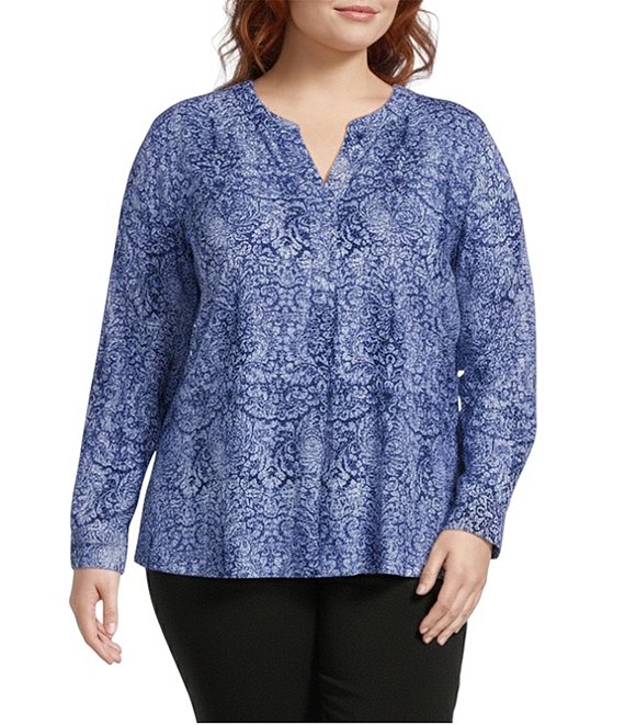 Investments Plus Size Nora Mazarine Scroll Long Sleeve Y-Neck Drapey Twill Blouse, Mazarine Scroll - Image 1