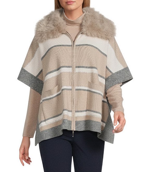 Investments Removeable Faux Fur Collar Two-Way Zip Front Stripe Sweater Poncho, Coca Mocha Stripe - Image 1