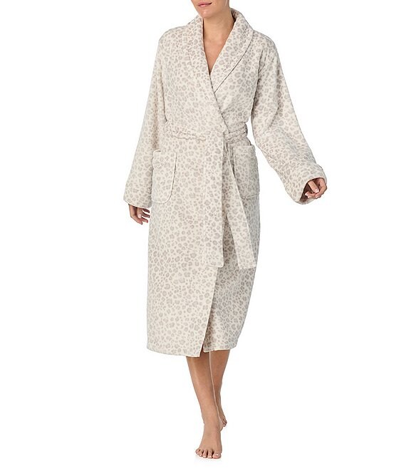 iRelax Long Sleeve Shawl Collar Plush Velour Animal Print Long Robe, White/Animal - Image 1