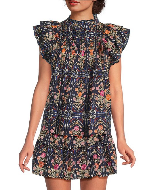 J.Marie Coordinating Woven Torian Short Sleeve Pleated Blouse, Navy - Image 1