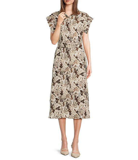 J.Marie Millie Short Sleeve Point Collar Belted Jacquard Button Front Midi Dress, Beige - Image 1