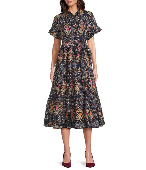 J.Marie Torian Short Sleeve Midi Dress, Navy - Image 1