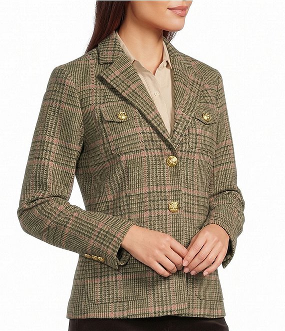 J.McLaughlin Woven Plaid Stand Collar Long Sleeve Button-Front Jacket