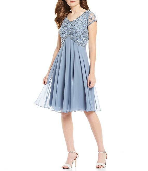 Jkara V-Neckline Sequin Bodice Cap Sleeeve Dress