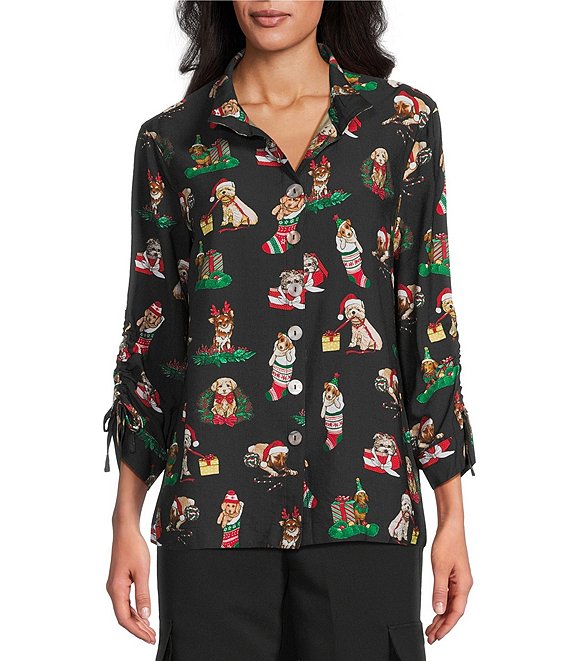 John Mark Christmas Novelty Dog Print Wire Collar 3/4 Cinched Tie Sleeve Button-Front Blouse, Black - Image 1