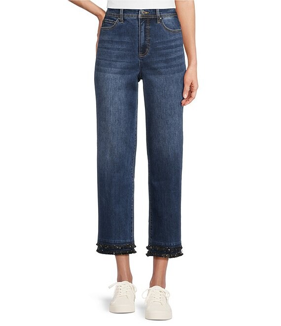 John Mark High Rise Tiered Fringe Hem Crop Jeans, Medium Denim - Image 1