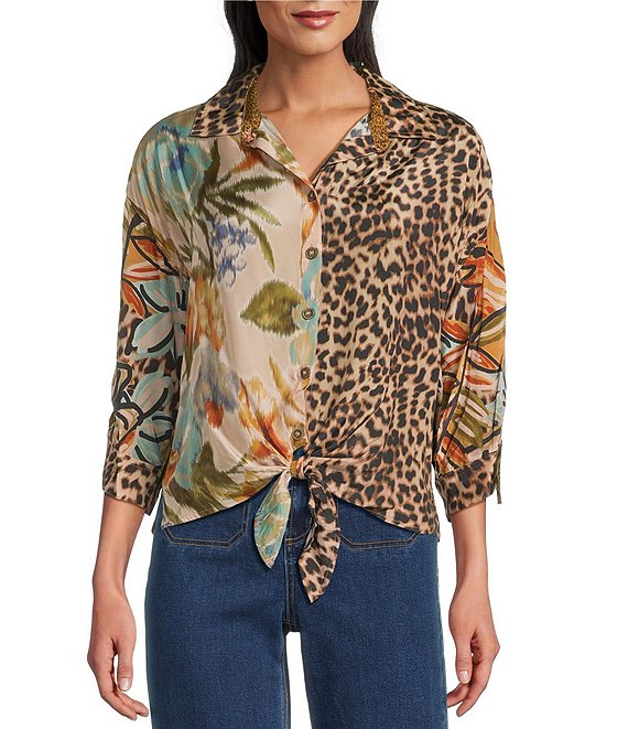 John Mark Mixed Animal And Floral Print Ditsy Point Collar Dolman Cinched Sleeve Button Front Tie Blouse, Multi - Image 1