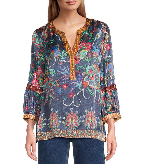 John Mark Multi Mixed Floral Paisley Print Button Up Y-Neck 3/4 Sleeve Tunic, Floral Multi - Image 1