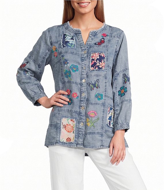 John Mark Petite Size Embroidered Patchwork Split V-Neck 3/4 Sleeve Button-Front Blouse