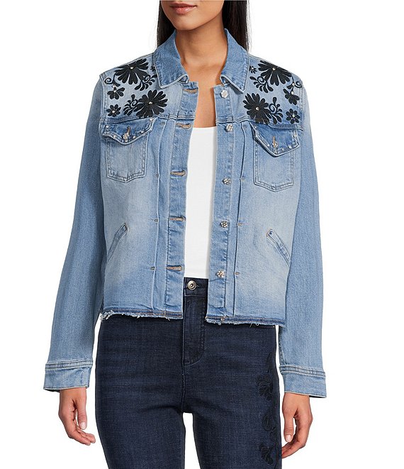 John Mark Petite Size Floral Embroidered Notch Collar Long Sleeve Button-Front Jacket, Light Denim - Image 1
