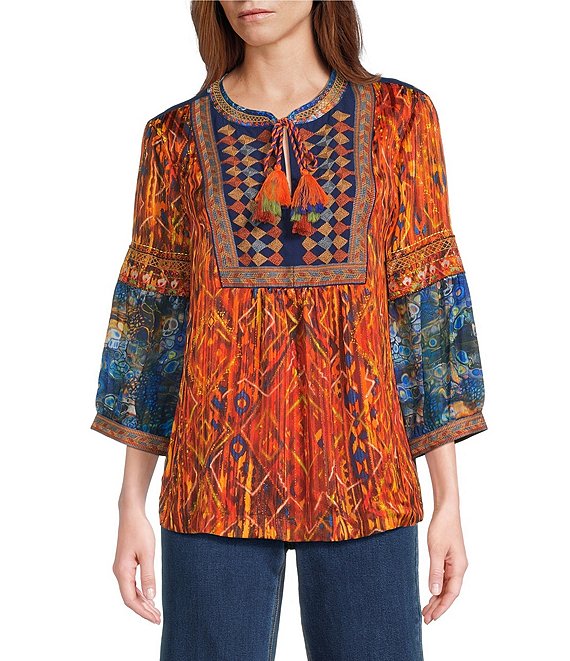 John Mark Petite Size Geometric Boho Spice Marble Print Embroidered Tassel Tie Split Neck 3/4 Sleeve Peasant Top, Sprit - Image 1