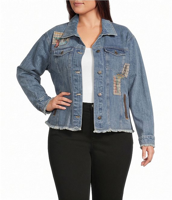 John Mark Plus Size Denim Mixed Patch Panel Dog Print Point Collar Long Sleeve Button Front Jacket