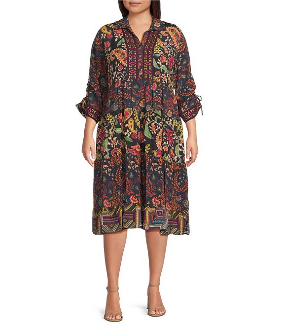 John Mark Plus Size Embroidered Mixed Print Collared Y-Neck 3/4 Cinched Tie Sleeve Tiered A-Line Midi Dress, Multi - Image 1