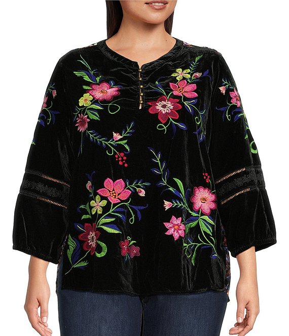 John Mark Plus Size Floral Embroidered Velvet Back Print Band Round Collar 3/4 Sleeve Tunic, Black - Image 1