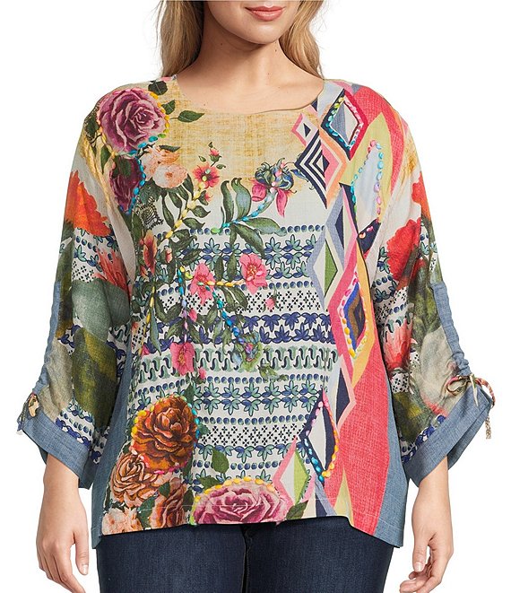 John Mark Plus Size Geometric Floral Border Print Wool Blend Scoop Neck 3/4 Cinched Tie Sleeve Tunic, Multi - Image 1