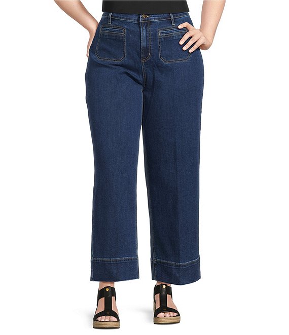 John Mark Plus Size Mid Waist Wide Leg Patch Pocket Denim Pants, Dark Denim - Image 1