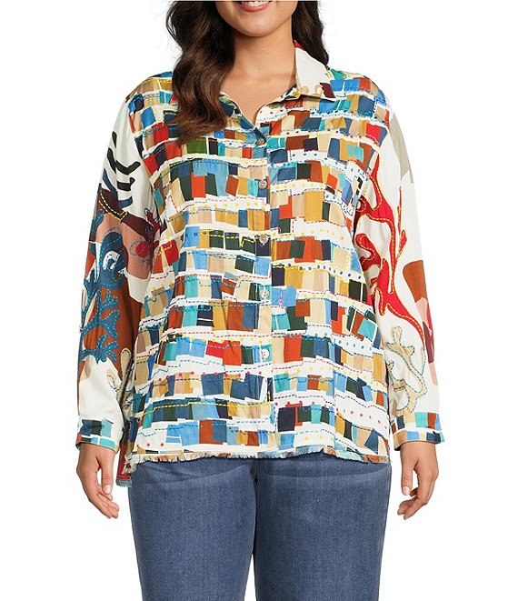 John Mark Plus Size Multi Color Abstract Wire Collar Long Roll-Tab Sleeve Button Front Shirt