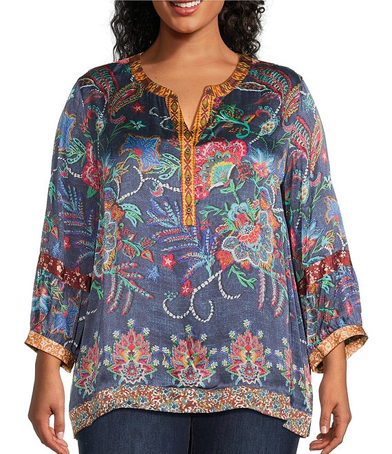John Mark Plus Size Multi Mixed Floral Button Up Y-Neck 3/4 Sleeve Tunic, Floral Multi - Image 1