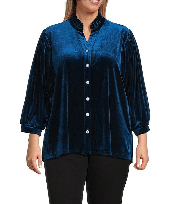 John Mark Plus Size Wire Ruffle Collar 3/4 Puff Sleeve Velvet Tunic, Dark Peacock - Image 1