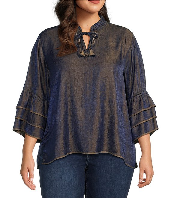 John Mark Plus Size Woven Metallic Embroidered Ruffled Split V-Neck 3/4 Sleeve Hi-Low Hem Peasant Tunic, Navy - Image 1