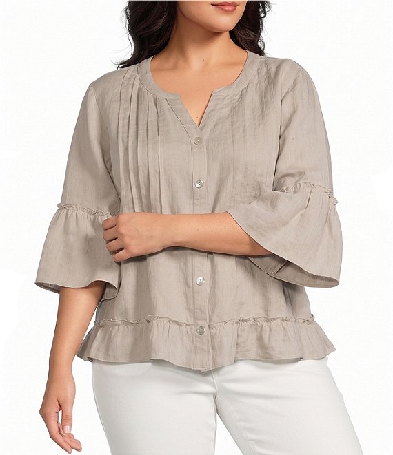 John Mark Plus Size Woven Split V-Neck 3/4 Ruffle Sleeve Button-Front Blouse