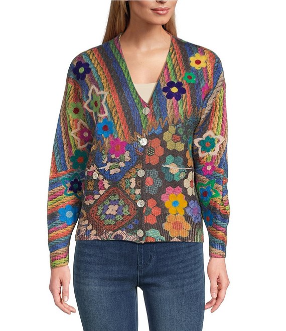 John Mark Printed Crochet All Over Floral Felting V-Neck Long Sleeve Button Front Cardigan, Multi - Image 1