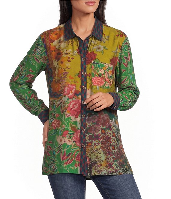 John Mark Woven Floral Multi Print Point Collar Long Sleeve Button Front Top