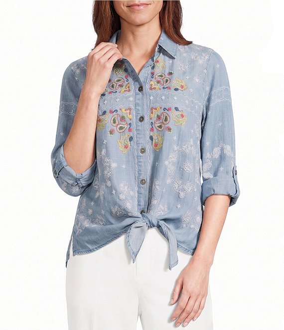 John Mark Woven Paisley Embroidered Point Collar Long Roll Tab Sleeve Button Front Tie Shirt