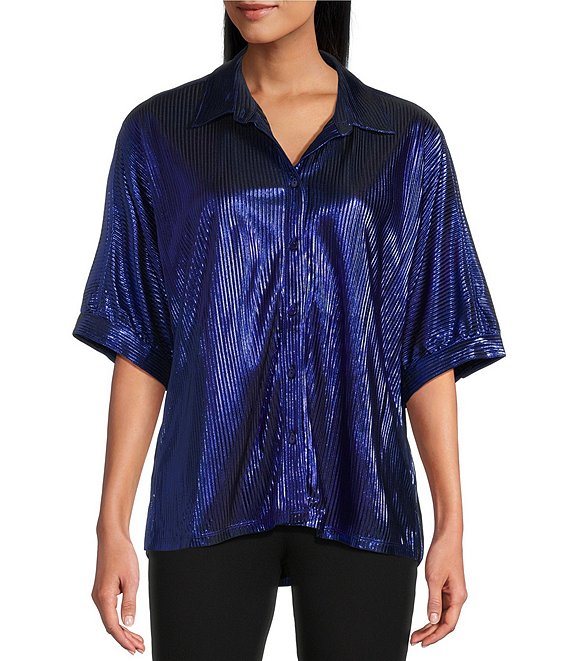 John Mark Woven Point Collar Short Dolman Sleeve Shimmer Pleat Button Front Blouse, Royal - Image 1