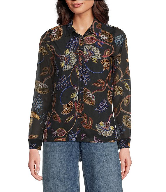 JOHNNY WAS Devin Floral Printed Mesh Point Collar Long Sleeve Button Front Shirt, Ginnie - Image 1