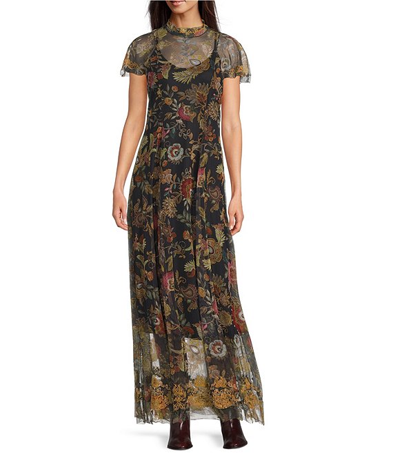 JOHNNY WAS Kaimarie Embroidered Mesh Floral Print Mock Neck Flutter Cap Sleeve A-Line Maxi Dress, Lowri - Image 1