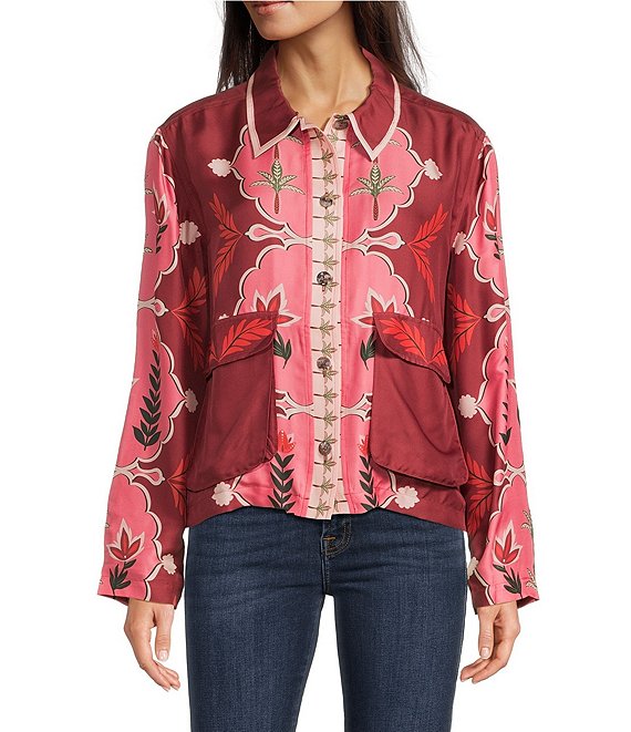 JOHNNY WAS Shannon Placement Floral Print Silk Blend Point Collar Long Sleeve Easy Jacket, Caleta - Image 1