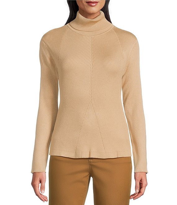 Jones New York Engineered Ribbed Knit Turtleneck Long Sleeve Top, Cafe Au Lait - Image 1