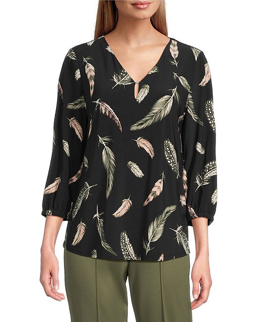 Jones New York Feather Print 3/4 Sleeve Keyhole V-Neck Top, Jones Black Multi - Image 1