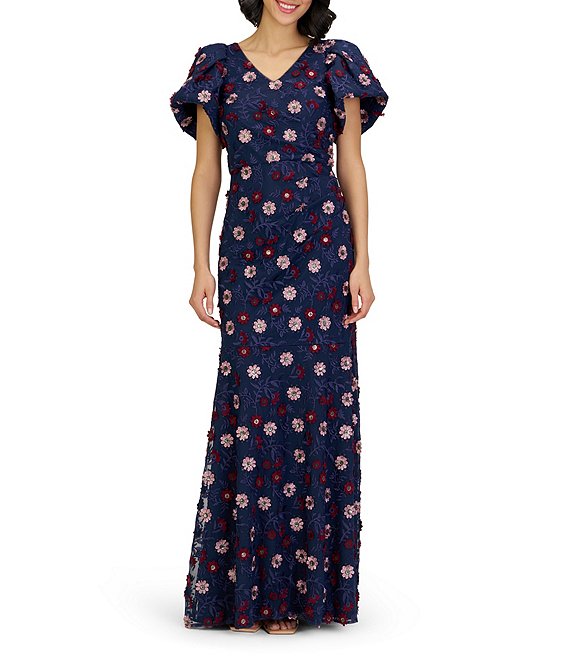 JS Collections Jade 3D Floral Embroidered Mesh V-Neck Puff Sleeve Mermaid Gown, Navy Multi - Image 1