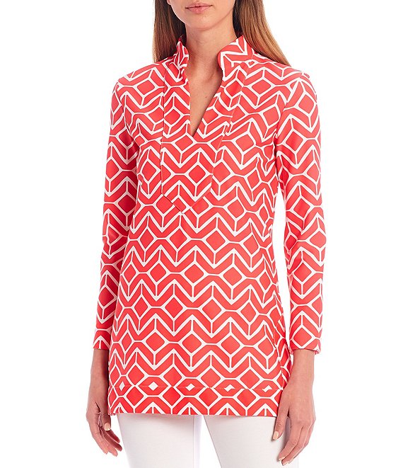 Color:Sail Geo Coral - Image 1 - Chris 3/4 Sleeve Collared Geo Print V-Neck Tunic