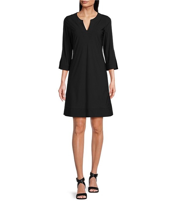 Color:Black - Image 1 - Megan Short Sleeve Split Round Neck Dress