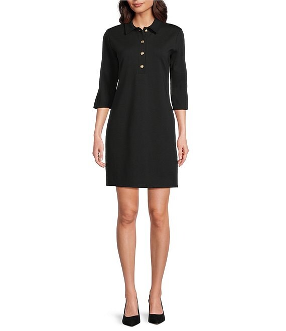 Jude Connally Midge Ponte Button Front Point Collar Long Sleeve Dress, Black Gold - Image 1