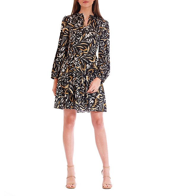 Julia Jordan Abstract Printed Satin V-Neck Long Sleeve A-Line Dress, Black Multi - Image 1