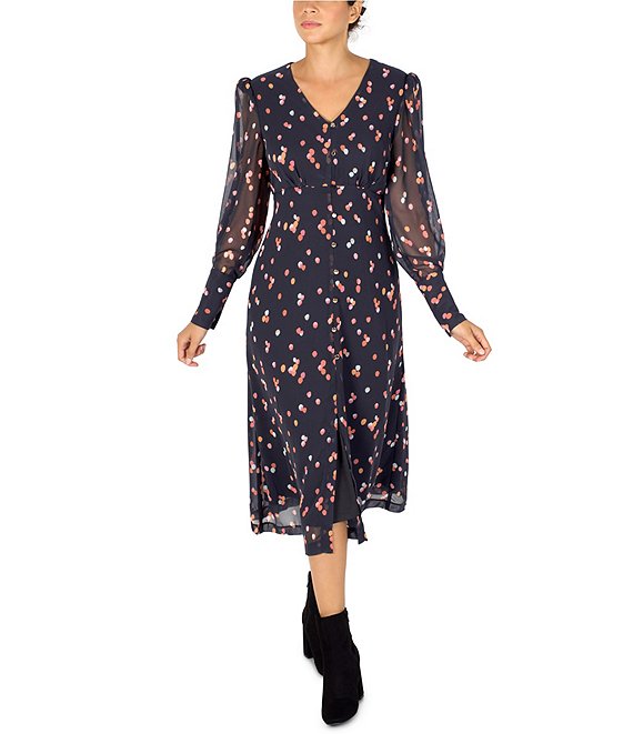 Julia Jordan Illusion Long Sleeve Dotted Chiffon Button Front Dress, Black Multi - Image 1