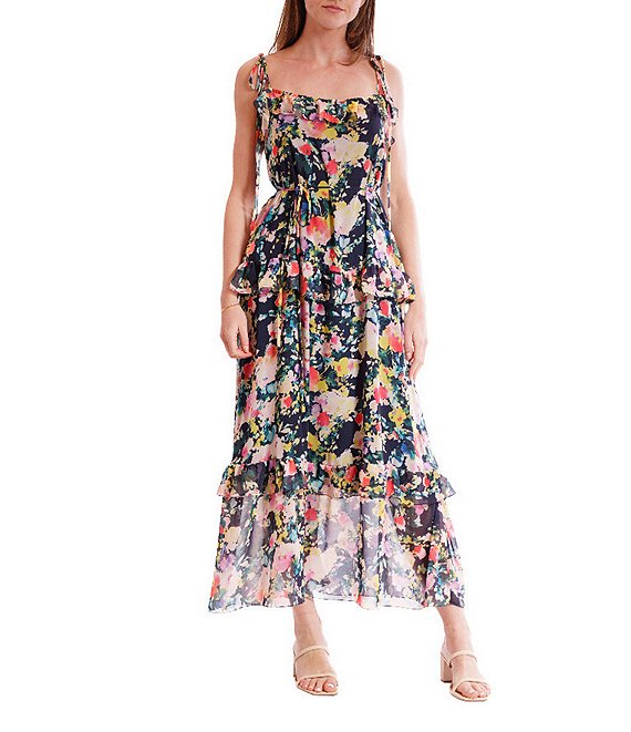 Julia Jordan Printed Chiffon Tie Shoulder Sleeveless Ruffle Tier A-Line Maxi Dress, Navy Multi - Image 1