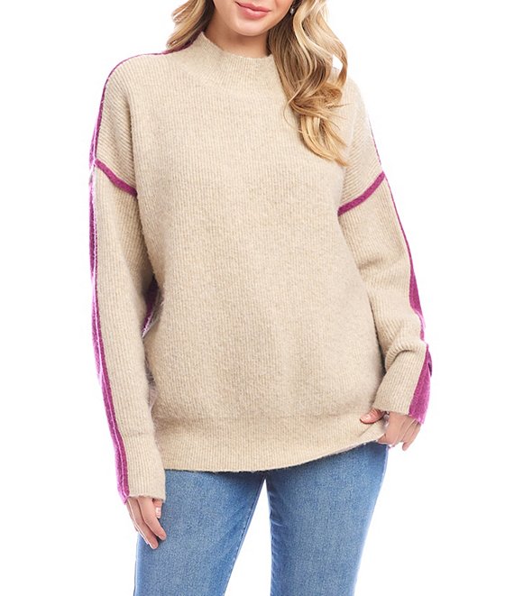 Karen Kane Colorblock Mock Neck Long Sleeve Sweater, Oatmeal With Orchid - Image 1