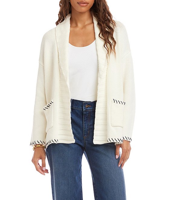 Karen Kane Contrast Stitch Shawl Collar Long Sleeve Open Front Cardigan, Off White/Navy - Image 1
