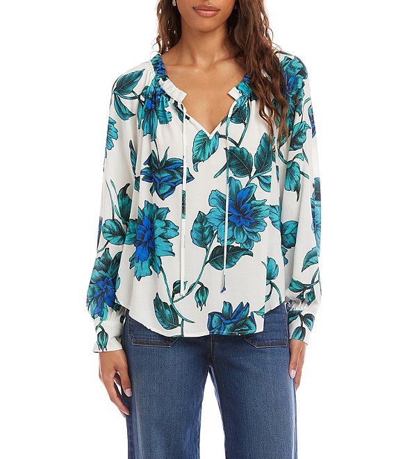 Karen Kane Crepe Wild Rose Ruffle Tie Split V -Neck Long Sleeve Peasant Top, Floral Print - Image 1