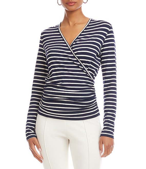 Karen Kane Petite Size Knit Stripe Crossover V-Neck Long Sleeve Side-Shirred Top, Stripe - Image 1