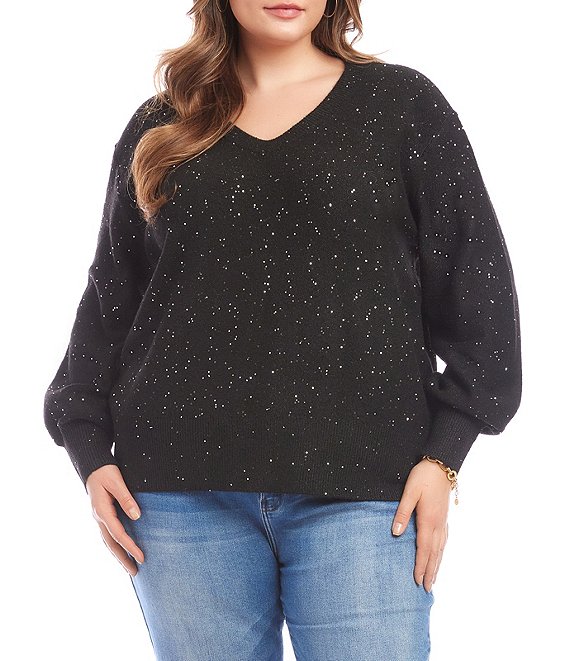 Karen Kane Plus Size Allover Sequin Knit V-Neck Long Sleeve Sweater, Black - Image 1