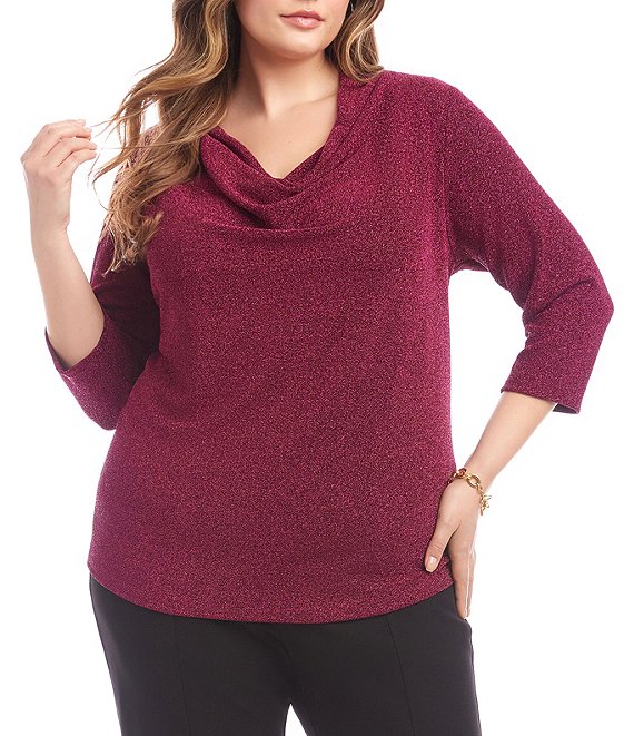 Karen Kane Plus Size Drape-Front Neck 3/4 Sleeve Metallic Knit Top, Magenta - Image 1
