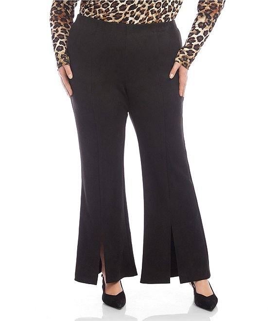 Karen Kane Plus Size Faux Suede Flare Leg Front Slit Pull-On Pants, Black - Image 1