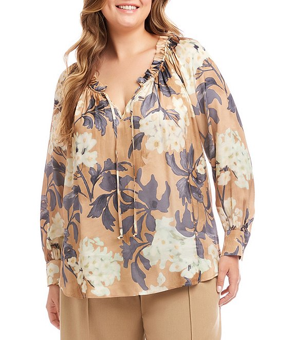 Karen Kane Plus Size Hydrangea Floral Print Satin Ruffle Tie Split-Vneck Long Sleeve Peasant Top, Print - Image 1