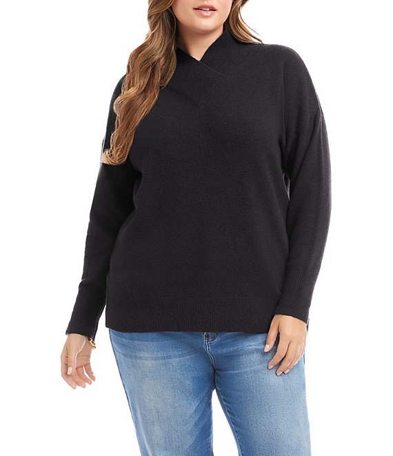 Karen Kane Plus Size Soft Knit Blend Crossover Mock Neck Long Sleeve Sweater, Black - Image 1